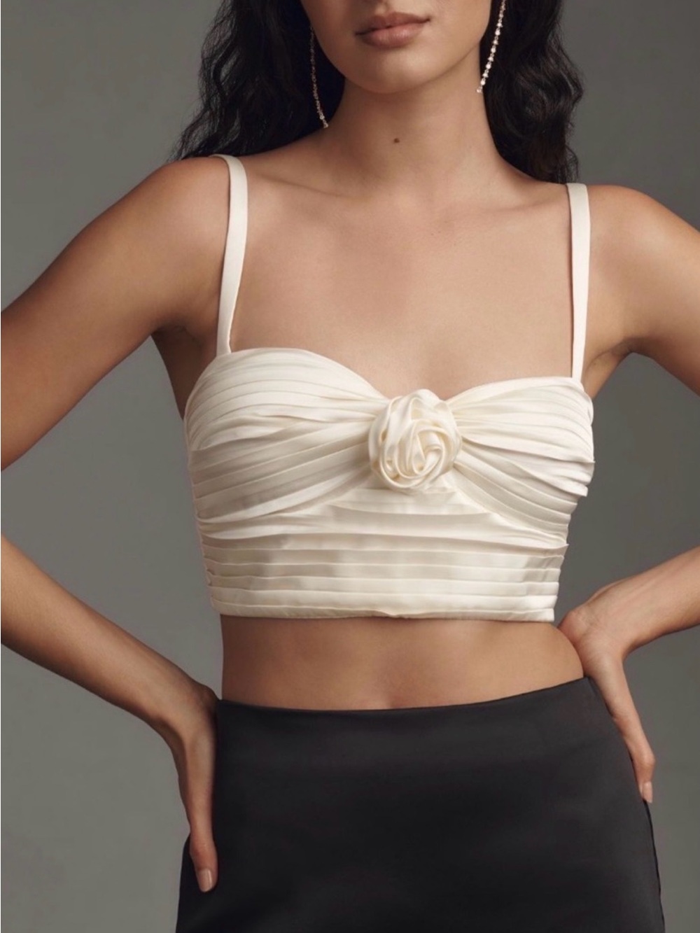 Anthropologie Cream Ruched Rose-Accent Crop Top